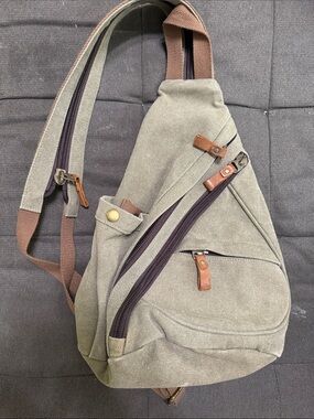 Olive Canvas Sling Backpack with Brown Accents
